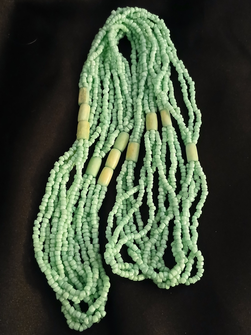 Vintage Multi Strand Mint Green Glass Seed Bead Necklace Boho Stacked Layered
